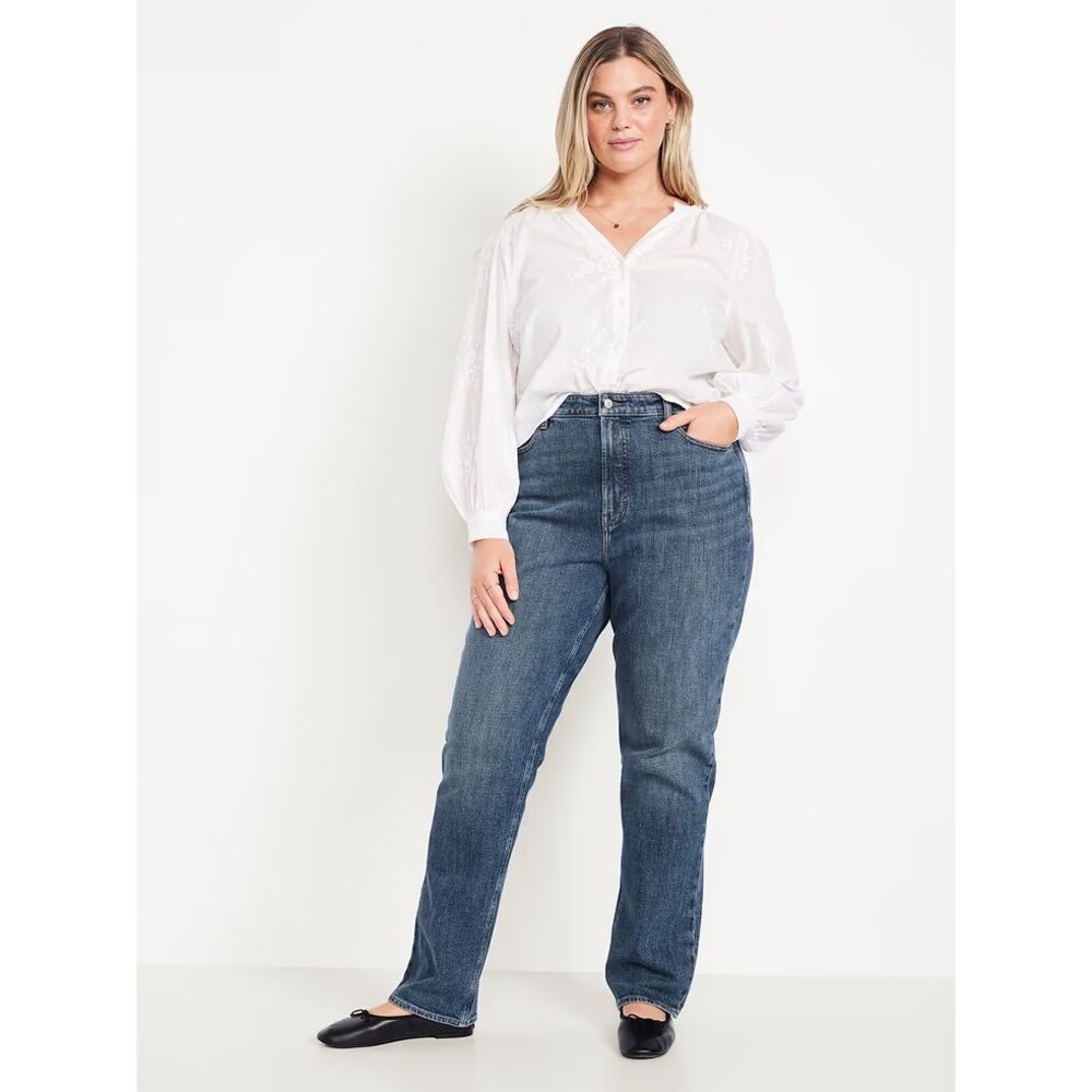 Old Navy High Rise Straight Jeans Women 18 Tall Blue Medium Wash Distressed NEW